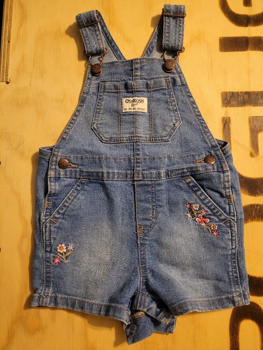 OshKosh B'gosh Blue Denim Short Overalls with Floral Embroidery